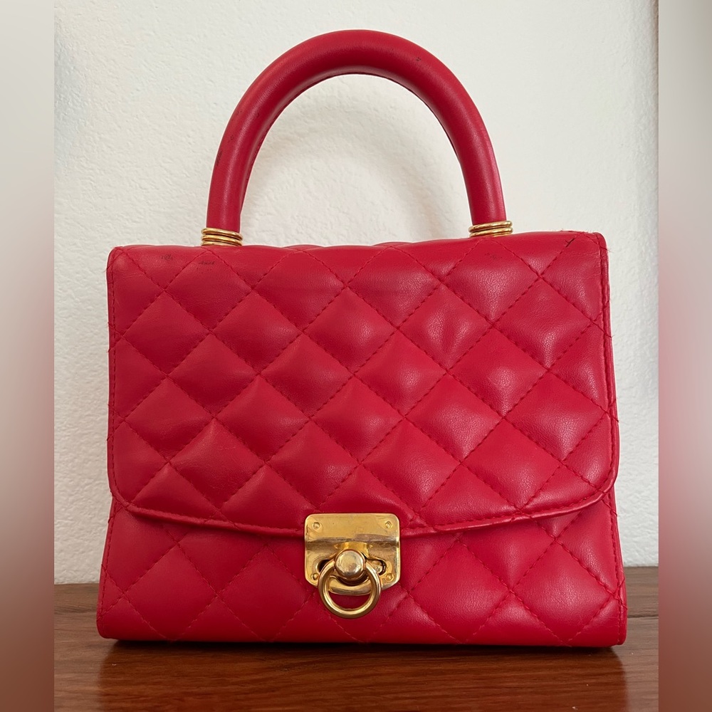 Red Quilted Leather Bag with Detachable Shoulder Strap